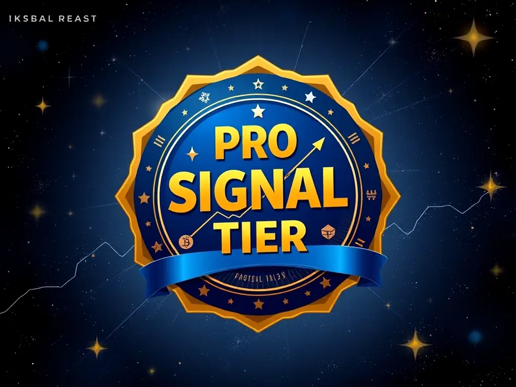 A digital illustration showcasing the Pro Signal Tier badge with a sophisticated blue and gold color palette, adorned with cryptocurrency icons and upward-trending graphs, set against a dark cosmic background.
