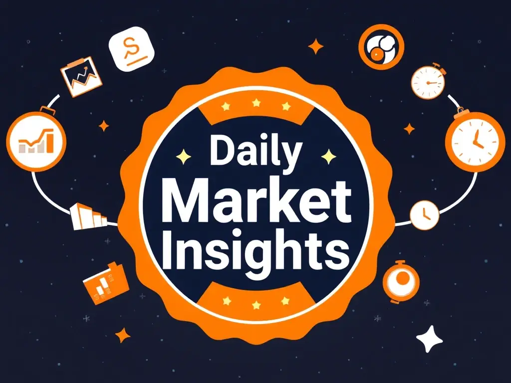 A digital illustration showcasing the Daily Market Insights badge with a bright orange and white color scheme, surrounded by stylized charts and clock icons, set against a dark cosmic background.